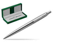 Parker Jotter Stainless Steel Chrome Colour Trim Ballpoint Pen in the green leather box