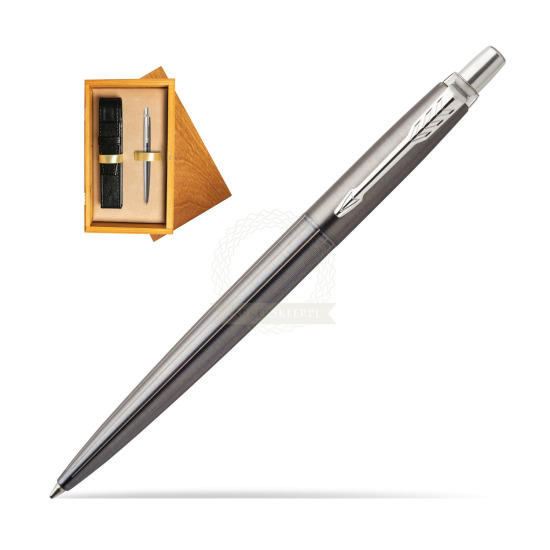 Parker Jotter Premium Oxford Grey Pinstripe Chrome Colour Trim Kugelschreiber in single wooden box Honey Single Ecru