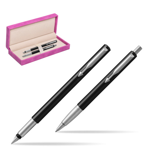 Parker Vector Standard Black Penna Stilografica + Parker Vector Standard Black Penna a Sfera Set regalo in suede box fuchsia