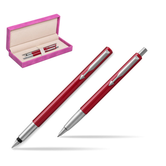 Parker Fountain + Ballpoint Pen Gift Set Vector Red CT in suede box fuchsia