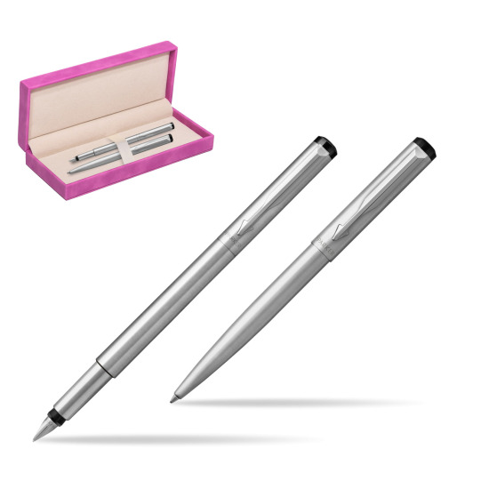 Parker Vector Stainless Steel CT Penna Stilografica + Parker Vector Stainless Steel CT Penna a Sfera in suede box fuchsia