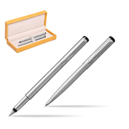 Parker Vector Stainless Steel CT Penna Stilografica + Parker Vector Stainless Steel CT Penna a Sfera in suede box yellow