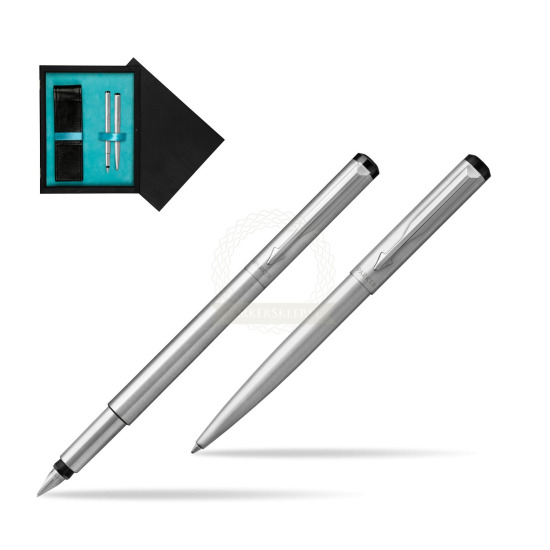 Parker Vector Stainless Steel CT Penna Stilografica + Parker Vector Stainless Steel CT Penna a Sfera in double wooden box Black Double Turquoise