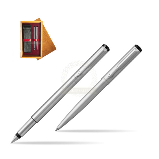 Parker Vector Stainless Steel CT Penna Stilografica + Parker Vector Stainless Steel CT Penna a Sfera in double wooden box Honey Double Maroon