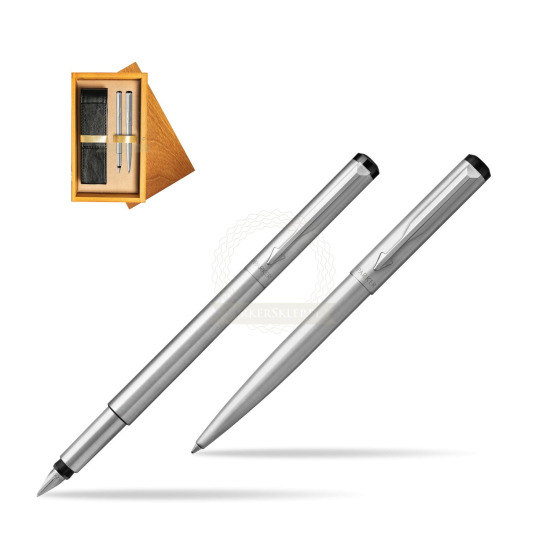 Parker Vector Stainless Steel CT Penna Stilografica + Parker Vector Stainless Steel CT Penna a Sfera in double wooden box Honey Double Ecru