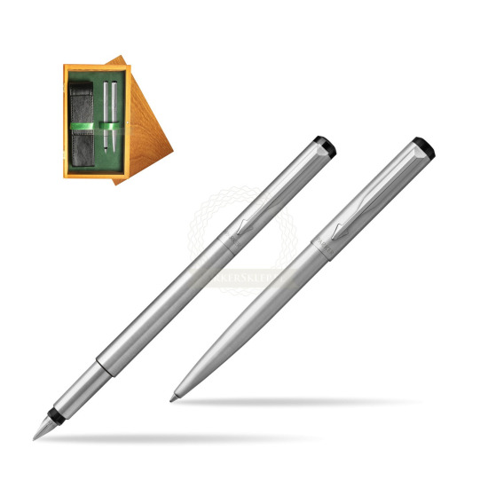 Parker Vector Stainless Steel CT Penna Stilografica + Parker Vector Stainless Steel CT Penna a Sfera in double wooden box Honey Green