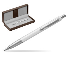 Parker Vector White Ballpoint Pen in the brown leather box