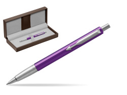 Parker Vector Purple Ballpoint Pen in the brown leather box