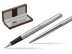Parker Jotter Stainless Steel Chrome Color Trim CT Stylo-plume + Stylo-bille in a Gift Box in the brown leather box