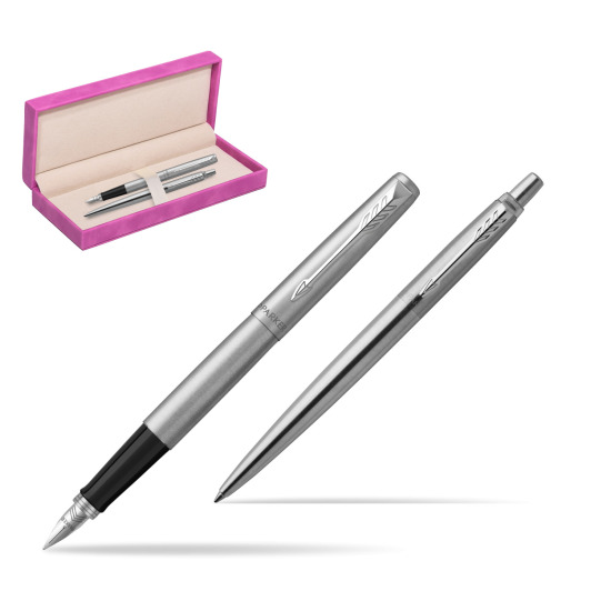 Parker Jotter Stainless Steel Chrome Color Trim  CT Fountain Pen + Ballpoint Pen in a Gift Box in suede box fuchsia