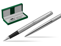 Parker Jotter Stainless Steel Chrome Color Trim CT Stylo-plume + Stylo-bille in a Gift Box in the green leather box