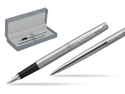 Parker Jotter Stainless Steel Chrome Color Trim  CT Fountain Pen + Ballpoint Pen in a Gift Box in suede box grey