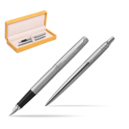 Parker Jotter Stainless Steel Chrome Color Trim  CT Fountain Pen + Ballpoint Pen in a Gift Box in suede box yellow