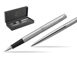 Parker Jotter Stainless Steel Chrome Color Trim  CT Fountain Pen + Ballpoint Pen in a Gift Box in original Parker Prestige box