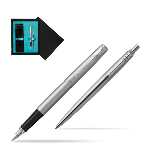 Parker Jotter Stainless Steel Chrome Color Trim  CT Fountain Pen + Ballpoint Pen in a Gift Box in double wooden box Black Double Turquoise