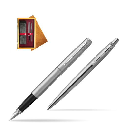 Parker Jotter Stainless Steel Chrome Color Trim  CT Fountain Pen + Ballpoint Pen in a Gift Box in double wooden box Honey Double Maroon