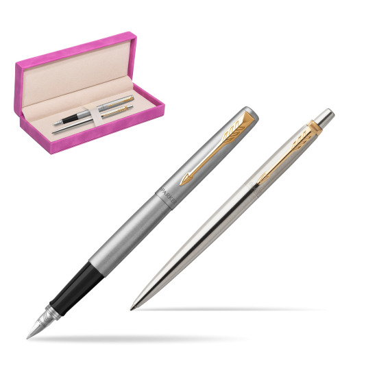 Parker Jotter Stainless Steel Chrome Color Trim  GT Pen Penna Stilografica + Penna Pen in a Gift Box in suede box fuchsia
