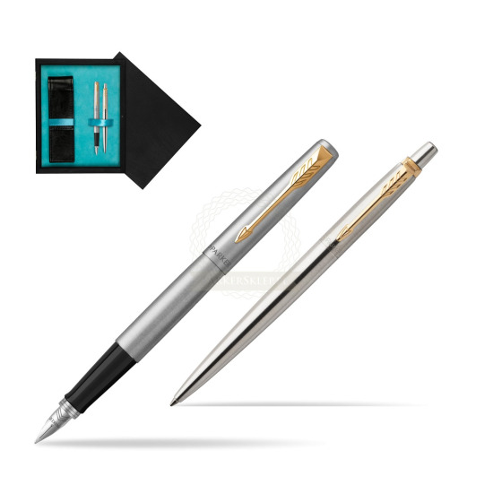 Parker Jotter Stainless Steel Chrome Color Trim  GT Pen Penna Stilografica + Penna Pen in a Gift Box in double wooden box Black Double Turquoise