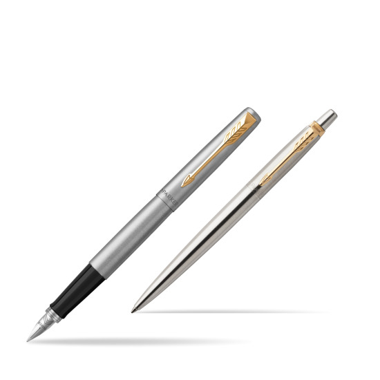 Parker Jotter Stainless Steel Chrome Color Trim  GT Fountain Pen + Ballpoint Pen in a Gift Box