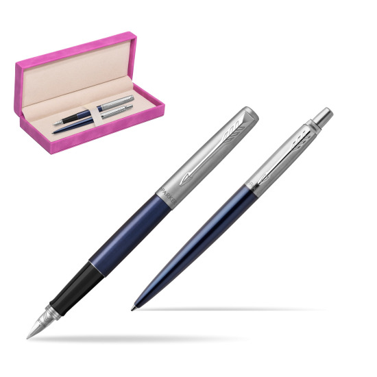 Parker Jotter Royal Blue CT Fountain Pen + Ballpoint Pen in a Gift Box in suede box fuchsia
