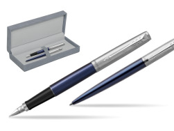 Parker Jotter Royal Blue CT Fountain Pen + Ballpoint Pen in a Gift Box in suede box grey
