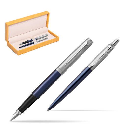 Parker Jotter Royal Blue CT Fountain Pen + Ballpoint Pen in a Gift Box in suede box yellow