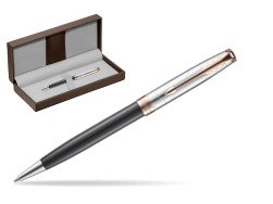 Parker Sonnet Grey Pink PGT 18 K (Strata) Ballpoint Pen in the brown leather box