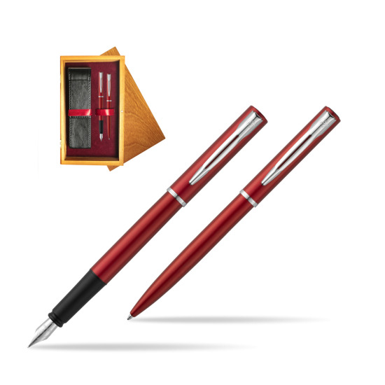 Waterman Penna Stilografica + Penna a Sfera Allure red CT in double wooden box Honey Double Maroon