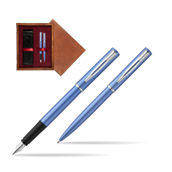 Waterman Penna Stilografica + Penna a Sfera Allure blue CT in double wooden box Mahogany Double Maroon