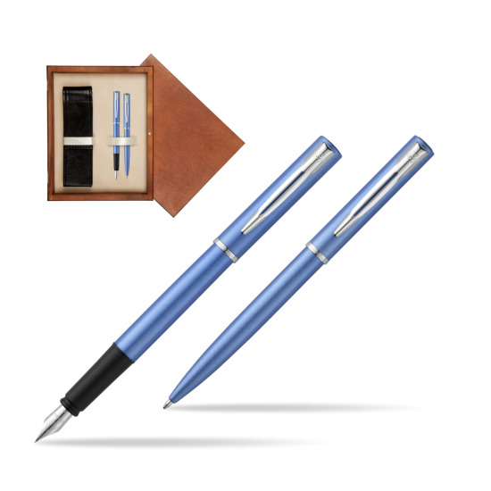 Waterman Penna Stilografica + Penna a Sfera Allure blue CT in double wooden box Mahogany Double Ecru