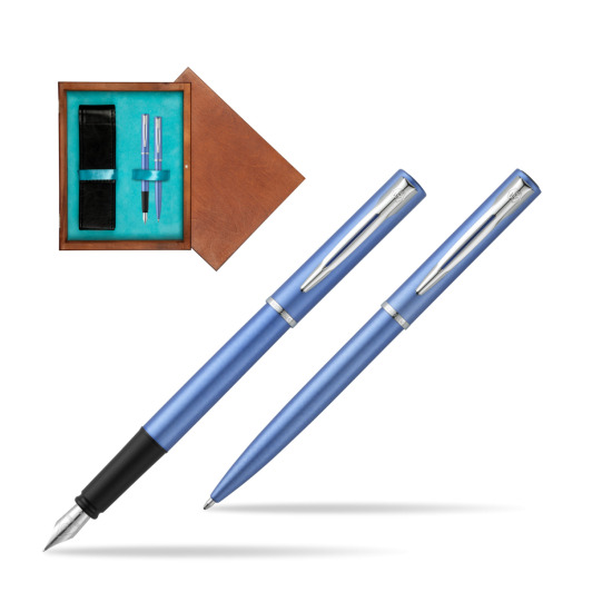 Waterman Penna Stilografica + Penna a Sfera Allure blue CT in double wooden box Mahogany Double Turquoise 