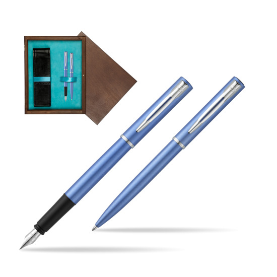 Waterman Penna Stilografica + Penna a Sfera Allure blue CT in double wooden box Wenge Double Turquoise 