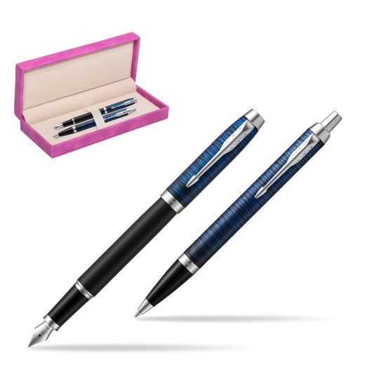 Parker set IM Blue Origin Fountain Pen + ballpoint pen in suede box fuchsia