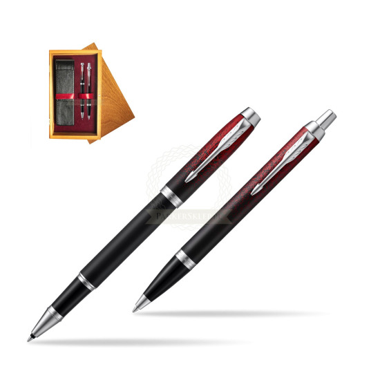 Parker set IM Red Ignite Special edition Rollerball  Pen + Ballpoint Pen in double wooden box Honey Double Maroon