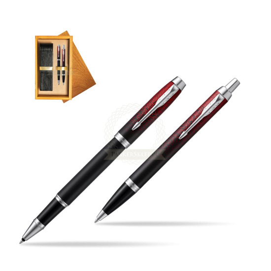 Parker set IM Red Ignite Special edition Rollerball  Pen + Ballpoint Pen in double wooden box Honey Double Ecru