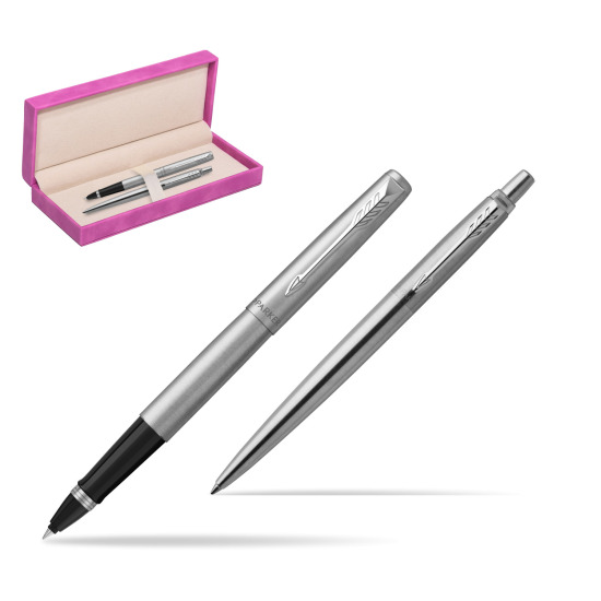 Parker Jotter Stainless Steel Chrome Color Trim CT Pen Penna Roller + Penna Pen in a Gift Box in suede box fuchsia