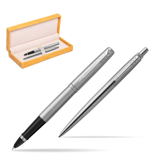 Parker Jotter Stainless Steel Chrome Color Trim CT Pen Penna Roller + Penna Pen in a Gift Box in suede box yellow