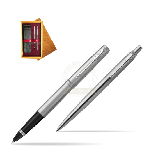 Parker Jotter Stainless Steel Chrome Color Trim CT Pen Penna Roller + Penna Pen in a Gift Box in double wooden box Honey Double Maroon