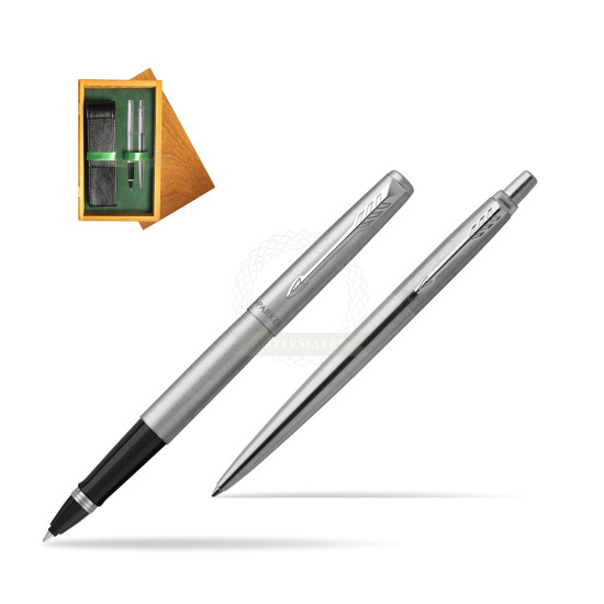 Parker Jotter Stainless Steel Chrome Color Trim CT Pen Penna Roller + Penna Pen in a Gift Box in double wooden box Honey Green