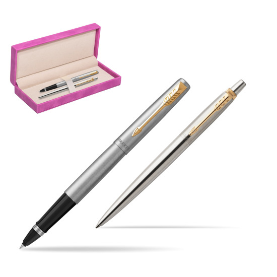 Parker Jotter Stainless Steel Chrome Color Trim GT Pen Penna Roller + Penna Pen in a Gift Box in suede box fuchsia