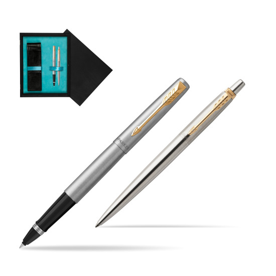 Parker Jotter Stainless Steel Chrome Color Trim GT Pen Penna Roller + Penna Pen in a Gift Box in double wooden box Black Double Turquoise