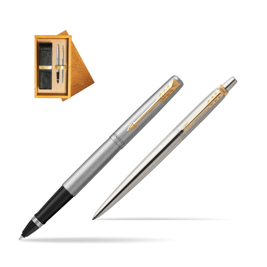 Parker Jotter Stainless Steel Chrome Color Trim GT Pen Penna Roller + Penna Pen in a Gift Box in double wooden box Honey Double Ecru