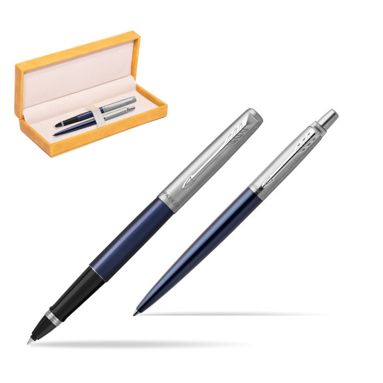 Parker Jotter Royal Blue CT Pen Penna Roller + Penna Pen in a Gift Box in suede box yellow