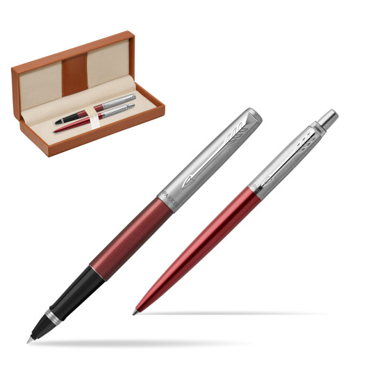 Parker Jotter Kensington Red CT Rollerball Pen + Ballpoint Pen in a Gift Box  in classic box brown