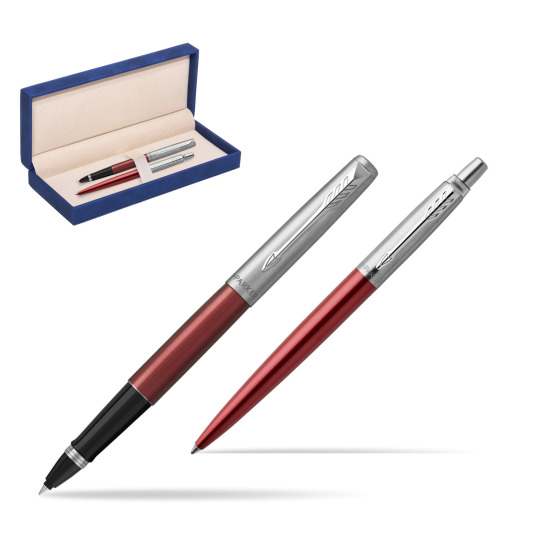 Parker Jotter Kensington Red CT Rollerball Pen + Ballpoint Pen in a Gift Box in suede box navy blue