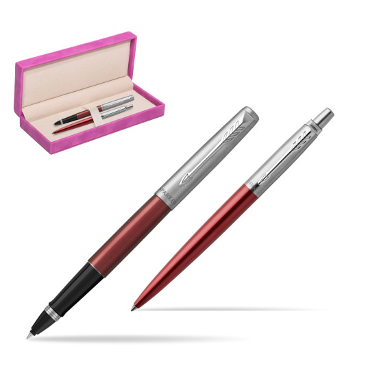 Parker Jotter Kensington Red CT Rollerball Pen + Ballpoint Pen in a Gift Box in suede box fuchsia