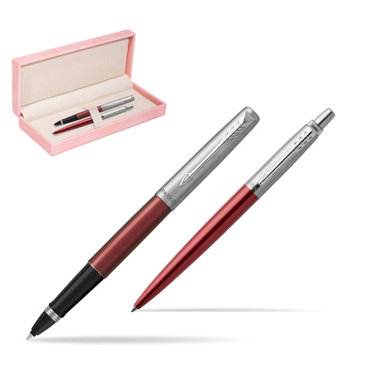 Parker Jotter Kensington Red CT Rollerball Pen + Ballpoint Pen in a Gift Box in suede box pink