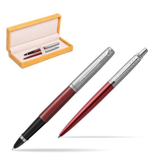 Parker Jotter Kensington Red CT Rollerball Pen + Ballpoint Pen in a Gift Box in suede box yellow