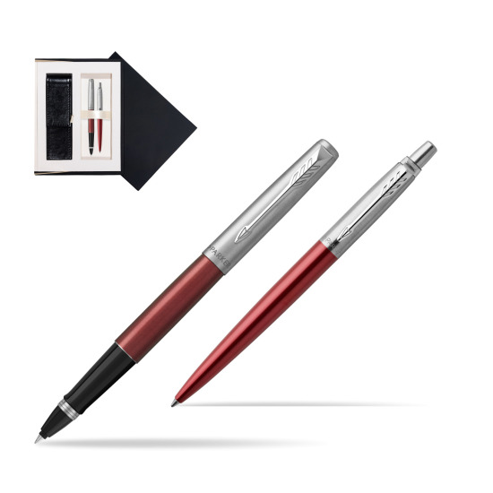 Parker Jotter Kensington Red CT Rollerball Pen + Ballpoint Pen in a Gift Box in suede box black