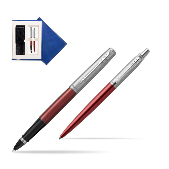 Parker Jotter Kensington Red CT Rollerball Pen + Ballpoint Pen in a Gift Box in suede box navy blue
